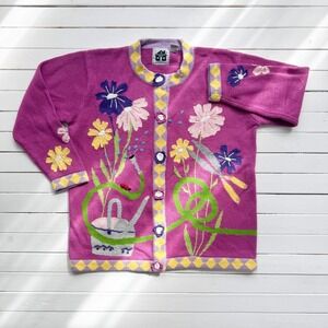 vtg Storybook‎ Knits embroidered pink garden gardening cardigan sweater